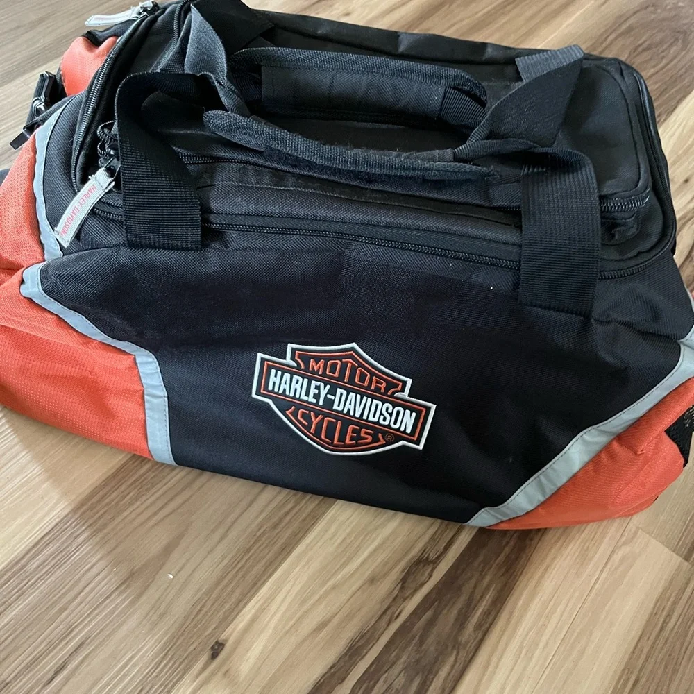 Harley Davidson Motorcycle Zip Top Duffel Sturdy Canvas Travel Bag Black/Orange